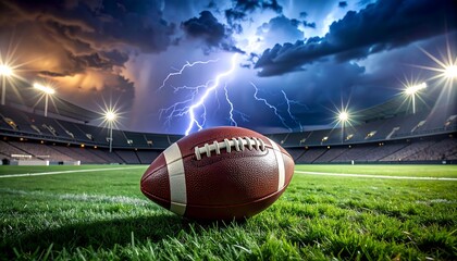 A football rests on vibrant green turf in an empty stadium, a dramatic lightning storm illuminating the dark sky overhead