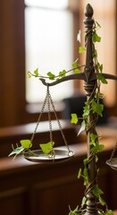 Scale of justice wrapped with green ivy vine. Symbol of ecological law and environmental legislation. Nature and legal concept for advocacy.