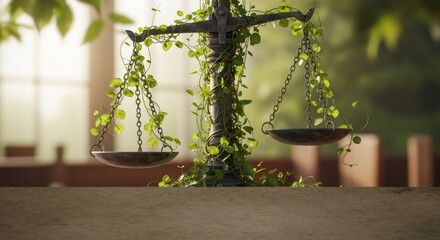 Scale of justice covered in green ivy, symbolizing environmental law and ecological balance. Concept of nature's equilibrium and sustainable development.