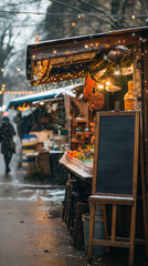 Naklejka premium A cozy outdoor market stall decorated with lights. The scene captures a rainy day with shoppers browsing local goods. A chalkboard sign stands empty for text.