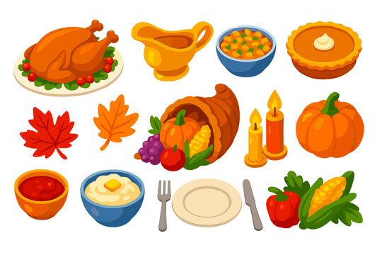 Thanksgiving Feast Icons. Isometric vector illustration set Thanksgiving Table Set: roasted turkey, gravy boat, stuffing, pumpkin