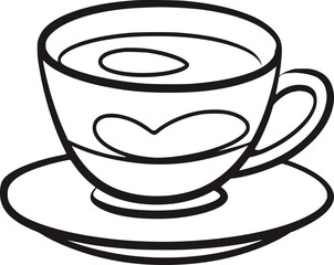 Black and white line drawing of a heart decorated coffee cup and saucer vector