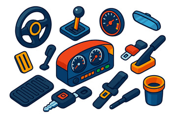 Automotive Control Icons. Isometric vector illustration set Automotive Control Panel: steering wheel, gearshift, pedal, dashboard,