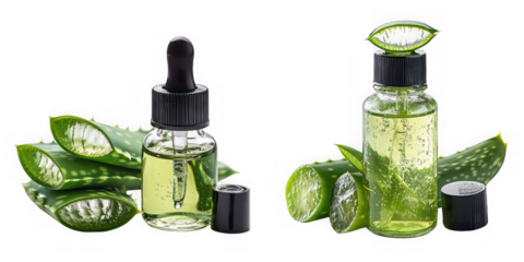 Aloe vera oil in dropper bottles with fresh aloe leaves isolated on transparent background
