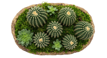 Obraz premium Round arrangement of small cacti and succulents in a woven basket isolated on transparent background
