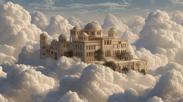 surreal colonial palace floating on clouds, magical realism