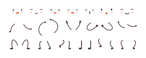Simple cartoon hands legs face. Kawaii style face elements, cute emotions. Feet and arms in various poses for different characters, vector clipart