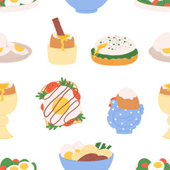 Tasty food seamless pattern. Noodles, eggs, sandwich with vegetables and toast. Cartoon nutrition, cafe bar breakfast meals, vector background