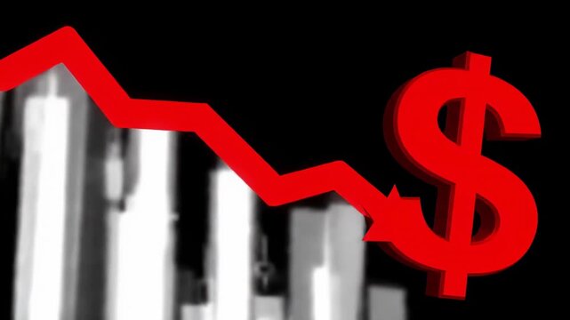 Currency crash concept with red arrow pointing down over a dark bar chart