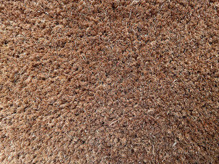 Closeup of brown coir doormat texture made from natural coconut fibers. Rough organic surface background, eco-friendly material for home decor, rustic and natural pattern.