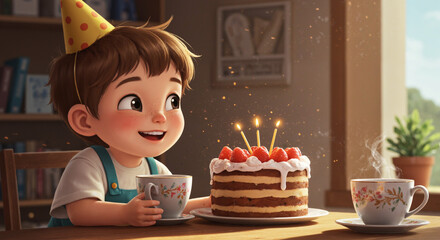 Happy young boy celebrating birthday with cake and tea at home in cozy ambiance
