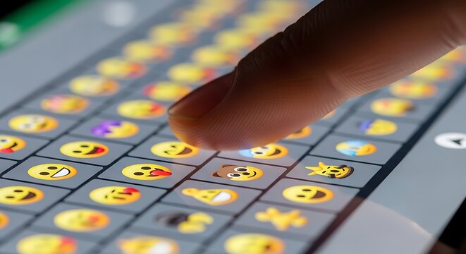 Emoji Selection - Finger Tapping on Digital Keyboard with Smileys.