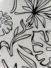 Black and white tropical leaf pattern on fabric. Monochrome botanical design with hand-drawn palm, monstera and exotic foliage. Seamless nature background perfect for textiles, wallpapers, and surface © piece_ov_art