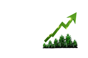 Green arrow chart soaring upwards symbolizing financial growth and success emerging from lush trees representing sustainable development and prosperity.