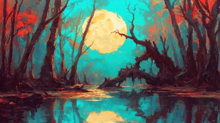 Enigmatic Forest Scene Under a Luminous Full Moon