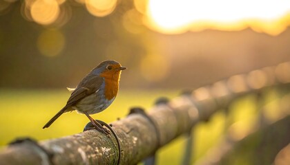 A small, vibrant bird with orange chest perches on a wooden fence bathed in golden sunlight, creating a beautiful bokeh effect