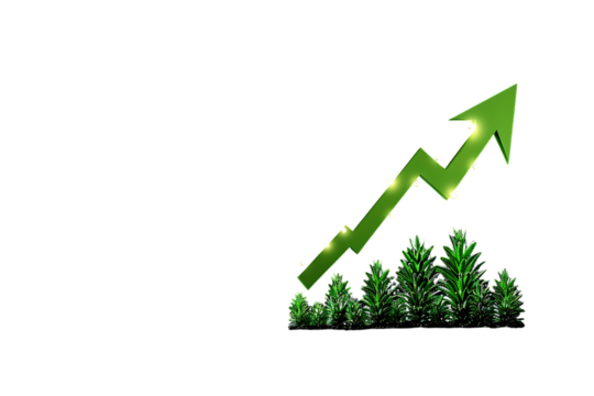 Green arrow chart soaring upwards symbolizing financial growth and success emerging from lush trees representing sustainable development and prosperity.