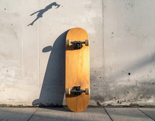 A wooden skateboard leans against a concrete wall, casting a shadow of a person in mid-air, suggesting a skateboarding trick.