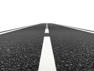 Asphalt road stretches into the distance with white lane markings, dark sky above