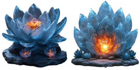 Two glowing blue lotus flowers with orange light inside, isolated on transparent background