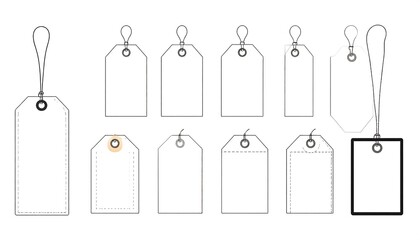 A collection of eleven stylized, blank tags, varying in shape and design, arranged on a plain white background