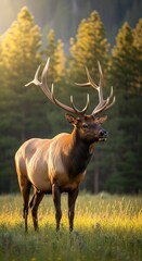 Obraz premium Majestic Elk in a Forest Meadow at Sunset.