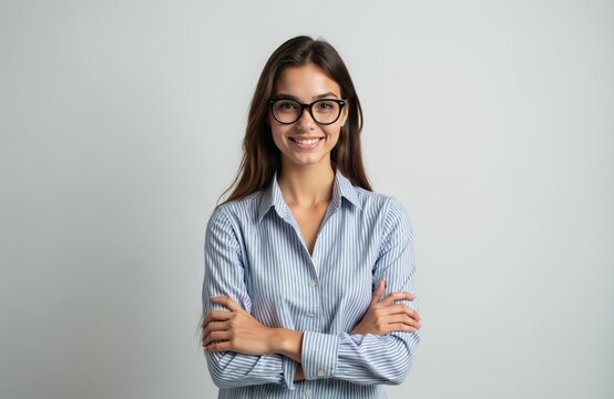 Confident smiling woman with glasses poses with crossed arms against a plain white background. She has long dark hair and wears a blue striped button-up shirt. Professional business portrait.