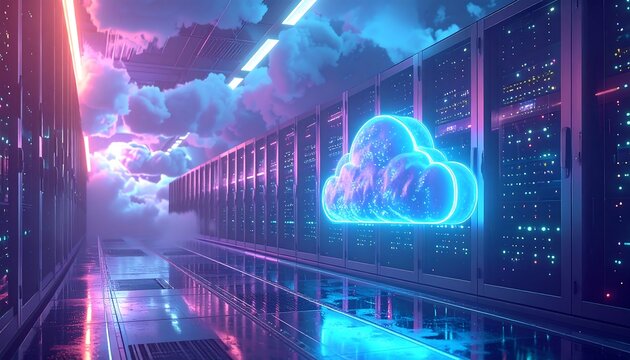 A futuristic server room lit with neon colors, a glowing cloud symbol floats amongst rows of equipment, evoking digital connectivity - Powered by Adobe