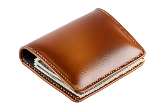 Luxury brown leather wallet with cash, showcasing wealth, finance, and financial security, perfect for banking, business, and lifestyle concepts