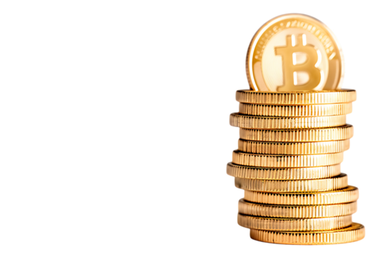 Bitcoin rising concept with golden coins stacked, symbolizing investment, wealth, and digital currency growth in a modern economy.