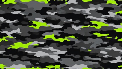 A digitally rendered camouflage pattern composed of dark grays, black, and light gray blobs, highlighted with vibrant neon green blotches