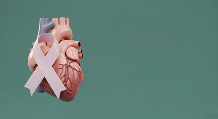 Human heart organ with a pink awareness ribbon representing organ donation and heart health campaign. Medical concept for awareness.