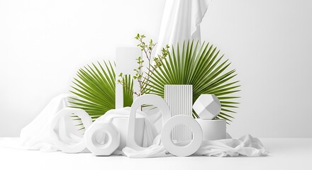 Minimalist White Product Display with Palm Leaves and Geometric Shapes.