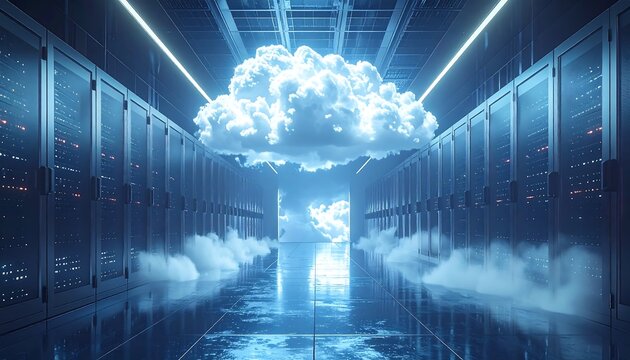 A futuristic server room scene with digital cloud floating in the center, surrounded by rows of data storage units - Powered by Adobe