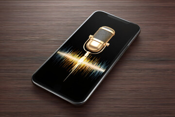 Vintage microphone and sound wave on a smartphone screen. Digital audio recording, podcasting, and voice recognition app concept.