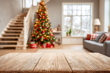 Empty wooden table with a blurred Christmas background. Festive home interior with a decorated tree for product display. Holiday season mockup with copy space.