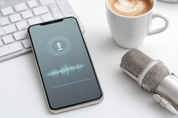 Voice assistant app on a smartphone with a sound wave display. Podcasting equipment with a microphone on a modern white desk.