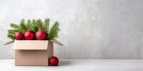 A cardboard box with Christmas decorations including fir branches and red ornaments. Holiday preparation concept with copy space.
