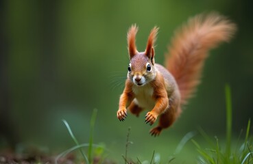 Obraz premium Eurasian red squirrel leaps through lush green forest. Small fluffy animal with orange fur and bushy tail mid air. Adorable wildlife mammal jumps near grass.