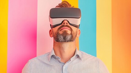 Man Wearing VR Headset Experiencing Virtual Reality on Colorful Background