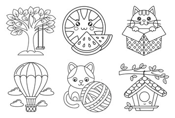Playful Nature and Animal Themed Coloring Page Set Featuring a Tree with a Swing, Watermelon, Cat in a Box, Hot Air Balloon, and Birdhouse