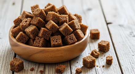 Crispy Rye Croutons in Wooden Bowl on Rustic Table.