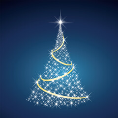 Sparkling christmas tree silhouette illuminated with twinkling lights and golden ribbon on dark blue background
