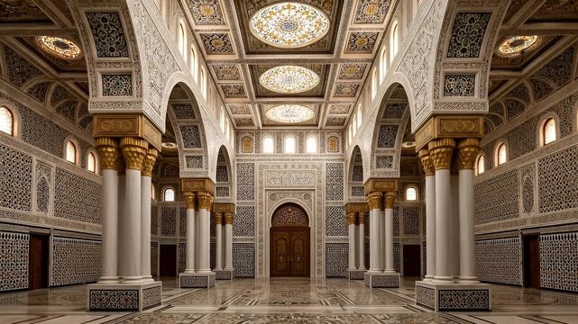 Grand Ornate Hall with White and Gold Arabesque Patterns Intricate Details Tall Columns and Arched Ceilings Illuminated by Natural Light