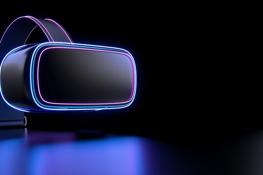 Futuristic VR headset with neon lights offers immersive experience for gaming, metaverse, and virtual reality applications. - Powered by Adobe