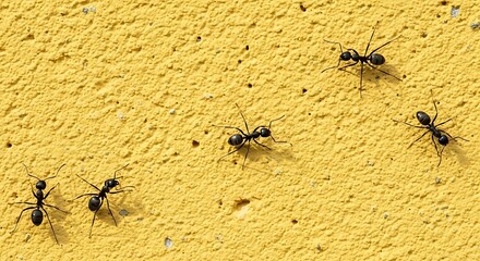 Ants on a Yellow Wall - A Close-Up View of Insect Activity.