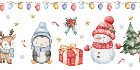 Seamless watercolor winter border with cute characters penguin, snowman in red hat, Christmas tree, golden star, gift, poinsettia, colorful light garland, white background in childlike festive style.