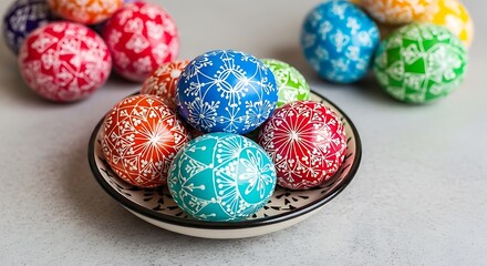 Fototapeta premium Colorful Easter Eggs with Intricate Designs on a Decorative Plate.