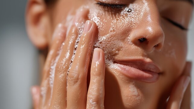 Close-up of a person washing their face with foamy cleanser