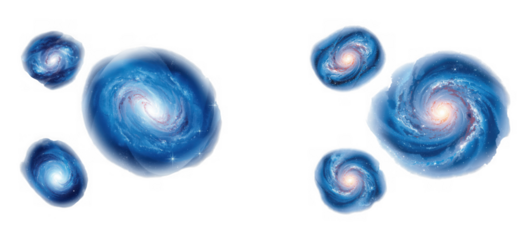 Artistic illustration of multiple spiral galaxies, some appearing distorted, isolated on transparent background